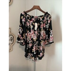 Angie Off The Shoulder Romper Black Floral Print Bell Sleeve‎ NWT Sz M